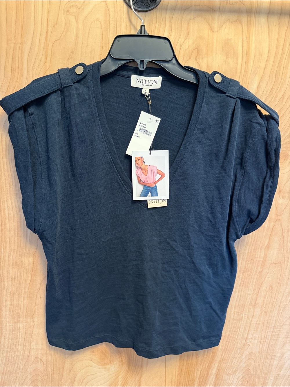 Nation LTD Navy V-Neck Short Sleeve Tee with Shoulder Tabs - Picture 2 of 4